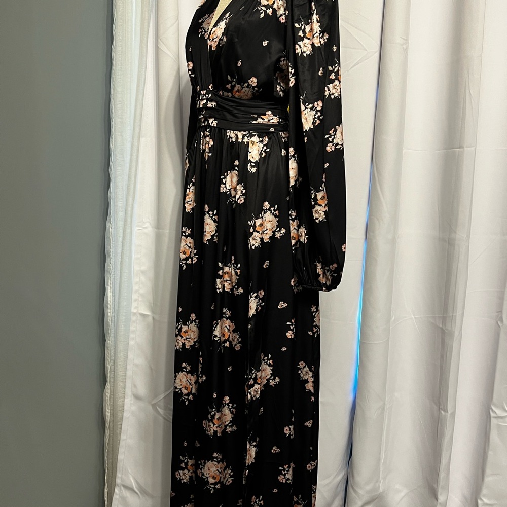 Pinch Women’s Black Satin Smoked Maxi Slit Floral Long Sleeve V Neck Dress Med - Picture 11 of 15